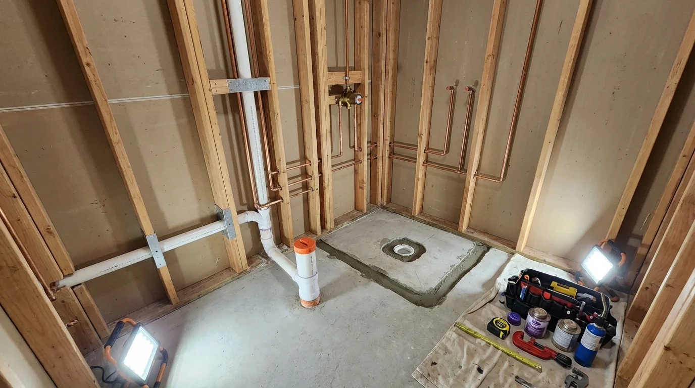 Bathroom rough-in plumbing during remodel by Johns Plumbing LLC in Wallkill