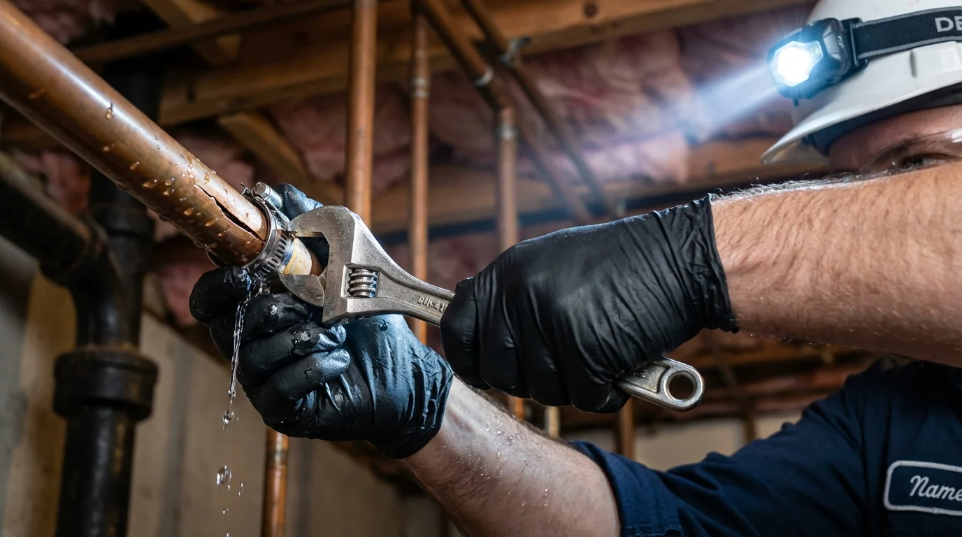 Emergency pipe clamp repair being performed by a Johns Plumbing LLC plumber in Wallkill
